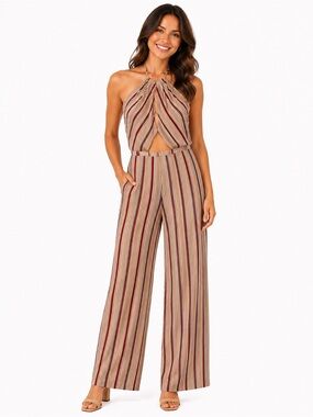 Hommage Size Large Striped Halter Cutout Jumpsuit in Red, Beige & White